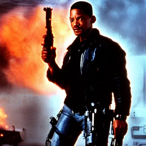 Image similar to film still of will smith as the terminator (1984 film), film grain, insanely detailed, 4k, photorealistic, hd