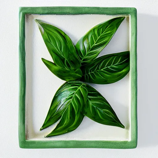 Image similar to a ceramic sculpture of some kind of plant in a square frame on a white surface with a white wall behind it and a green plant in the center