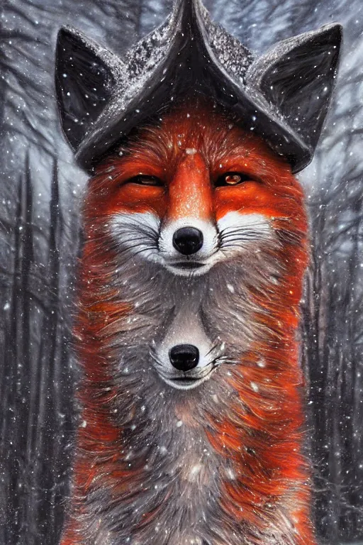 Image similar to a furious fox wizard, snowy background, oil on canvas, intricate, portrait, 8k highly professionally detailed, HDR, wizard hat, CGsociety