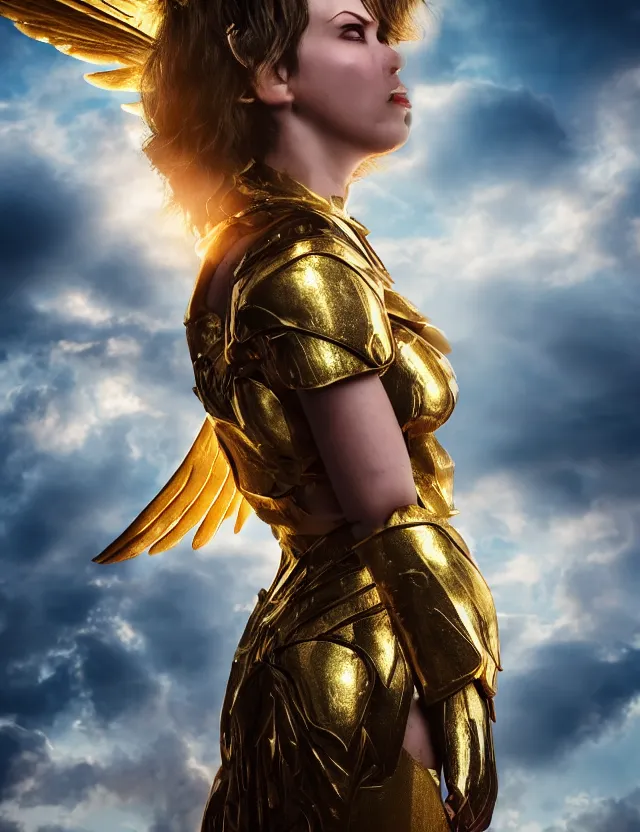 Prompt: Portrait of a fierce beautiful woman in glowing angelic battle armor and wings, among the clouds, golden hour photography, cinematic, epic, 4k, stylized, hyper realistic