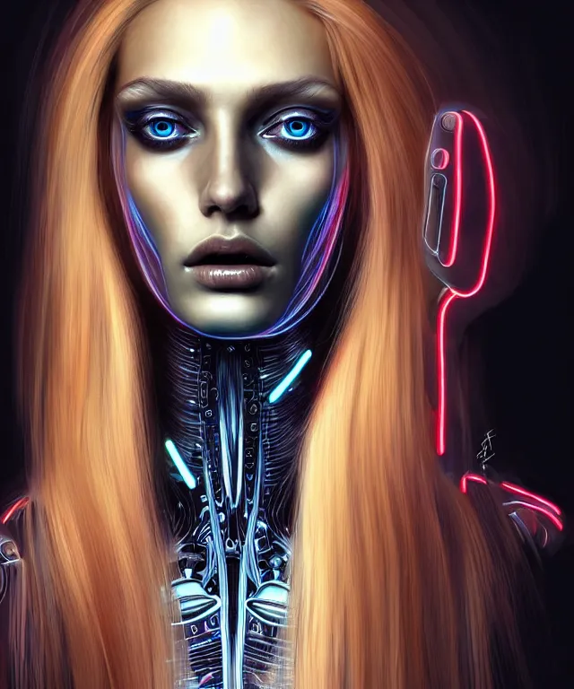 Image similar to Supermodel woman turning into an Android portrait, dark surrealism , scifi, intricate, elegant, sharp eyebrows, ornate long flowing blonde hair, highly detailed cybernetic body, neon glowing eyes, digital painting, artstation, concept art, smooth, sharp focus, illustration, art by artgerm and moebius and alphonse mucha