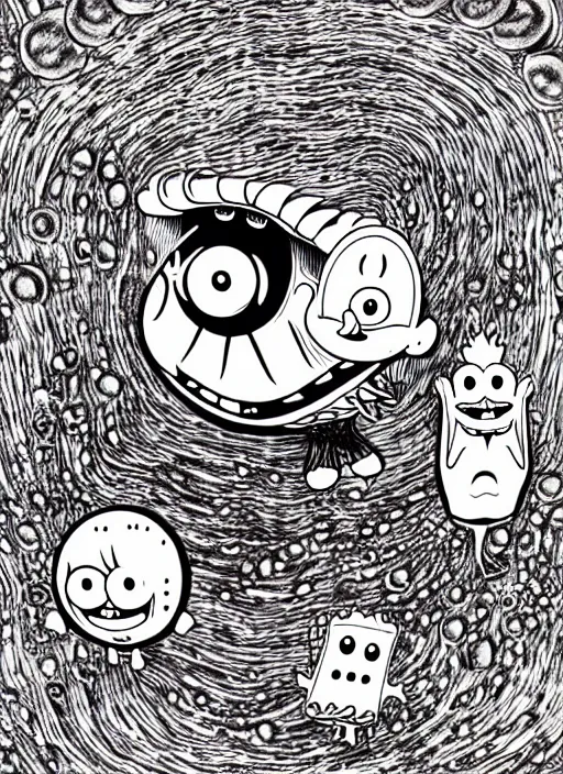 Image similar to junji ito style spongebob squarepants, intricate, highly detailed, illustration, art by junji ito, junji ito