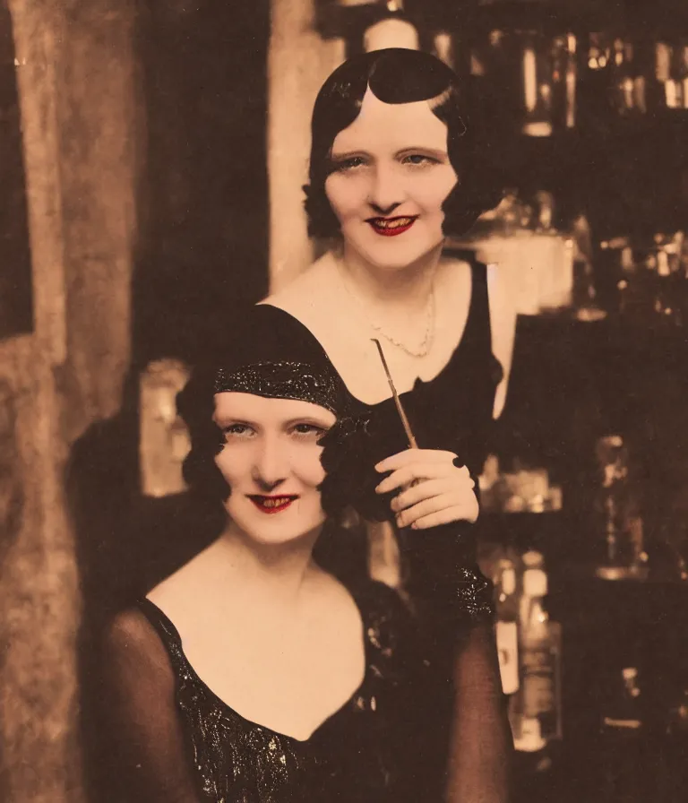 Prompt: antique grainy colored photo of a 1 9 2 0 s short - haired flapper woman in black satin gloves looking and smirking at the camera, at a party in a dimly lit speakeasy bar, jazz age, cohesive, 5 0 mm photography, precise, art deco, cinematic, low - lighting, photography