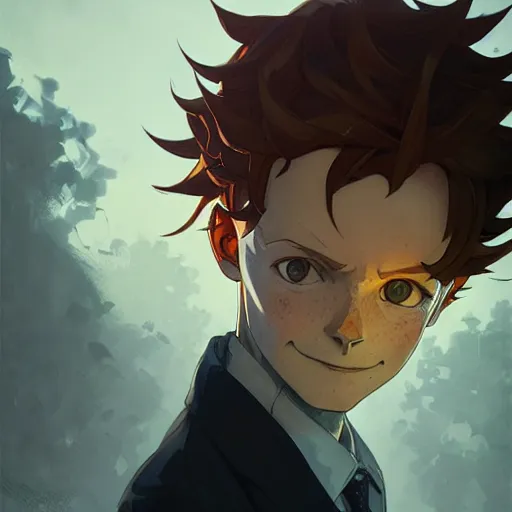 Image similar to Portrait of NORMAN from the promised neverland, highly detailed, digital painting, artstation, concept art, sharp focus, illustration, art by greg rutkowski and alphonse mucha