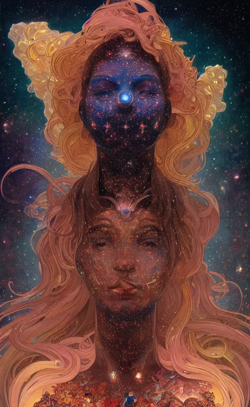 Prompt: a cosmic god, body made out of stars and galaxies and cosmic energy, levitating in the universe, intricate, headshot, highly detailed, digital painting, artstation, concept art, sharp focus, cinematic lighting, illustration, art by artgerm and greg rutkowski, alphonse mucha, cgsociety