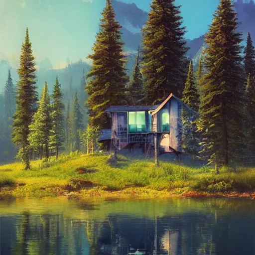 Image similar to small robot cottage at the edge of a lake in the mountains, painterly painting by gurney and beeple, soft glowing windows, early evening, reflections, pine trees, detailed, outlined