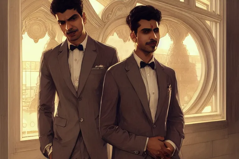 Prompt: Anxious good looking pale young Indian doctors wearing suits at the airport, portrait, elegant, intricate, digital painting, artstation, concept art, smooth, sharp focus, illustration, art by artgerm and greg rutkowski and alphonse mucha