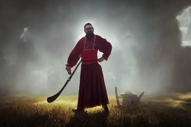 Prompt: theatre stage, romanian man in traditional romanian clothing with scythe, people, traditional romanian clothing, heystack, concept art, dramatic lighting, beautiful, volumetric lighting, colorful, octane render