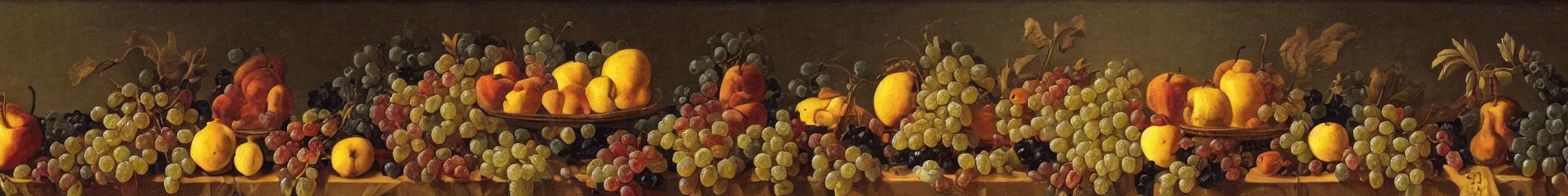 Prompt: still life with fruit and taxidermy on a very long table, oil on canvas (1767)