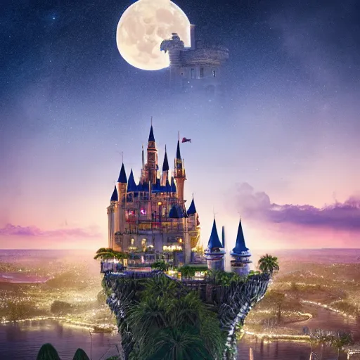 Image similar to the disney castle surrounded by giant palm trees on a giant floating island in the sky at night, a huge moon above the island illuminates the sky, cinematic, digital art by erik johansson, 8 k resolution, hyper detailed, hyper realistic, sharp focus