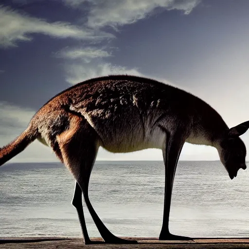 Prompt: scenic photo of a kangaroo standing on a whale. extremely large wings. extreme detail, hyperrealistic photo