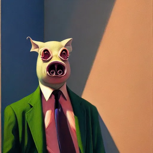 Prompt: Portrait of mr. Pig wearing a business suit , very coherent, painted by Edward Hopper, Wayne Barlowe, painted by James Gilleard, airbrush, art by JamesJean