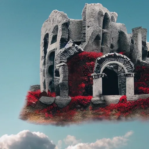 Image similar to the ruins of a village made out of stone on top of a cloud, overgrown with red vines, with a broken stone statue of a man in the middle of the ruins