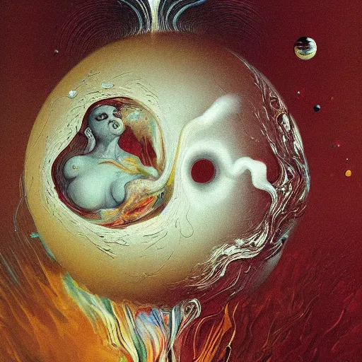 Prompt: a sphere being devoured by abstract splatters of white paint in the style of francis bacon, venus being engulfed in white flames in the style of james jean, surreal, beksinski, high detailed