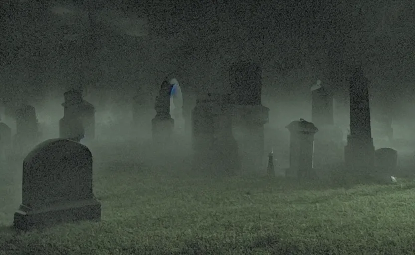 Image similar to a ghost walking though an old cemetary. haunted. night, rain, mist. hyper detailed. movie screencap