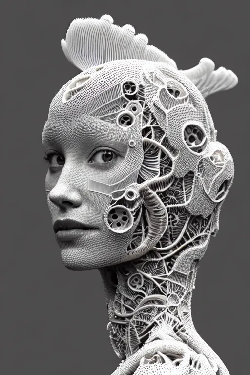 Image similar to bw 3 d render, hyper detailed, stunning beautiful biomechanical albino female cyborg with a porcelain profile face, angelic, beautiful natural soft rim light, big leaves and stems, roots, fine foliage lace, alexander mcqueen, art nouveau fashion embroidered, steampunk, silver filigree details, hexagonal mesh wire, mandelbrot fractal, elegant, 1 9 3 0