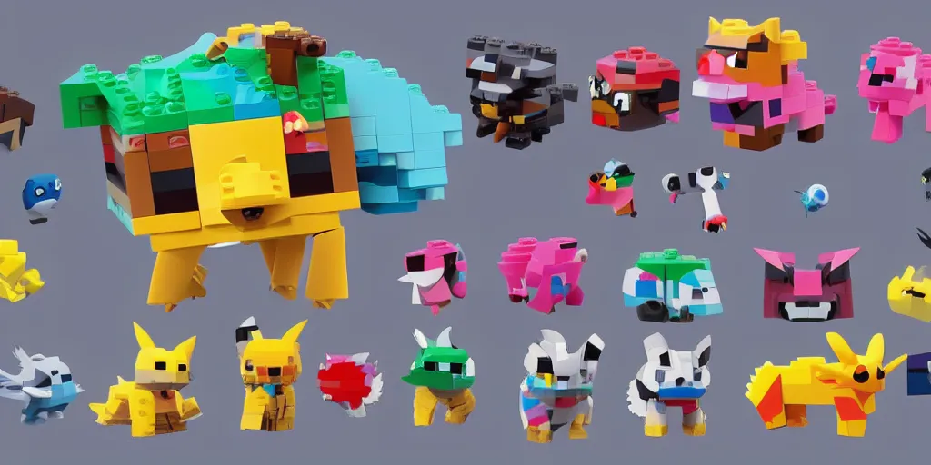 Prompt: tiny creature made of one brick, four legged, big cute eyes, quadrupedal, cute looking, kawaii, sharp focus, character, game concept art, blocky, lego mixels, flat toon style like katamari damacy inspired, pokemon inspired, promotional image