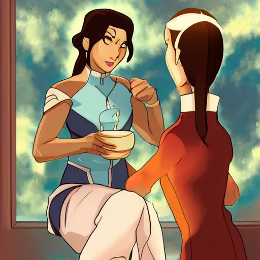 Image similar to Avatar korra drinking tea, digital art