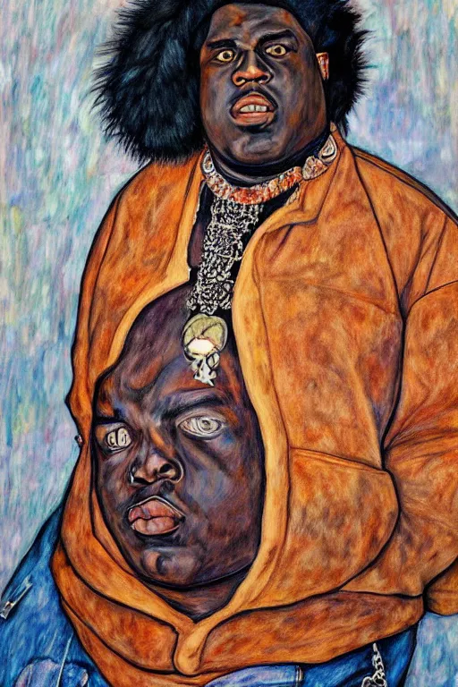 Image similar to a portrait of biggie smalls wearing boho - chic style clothes, with a fur muffler, full body!!, realistic painting in egon schiele style, masterpiece, hyperdetailed, complex, intricate, 4 k, hyperrealistic, trending on artstation