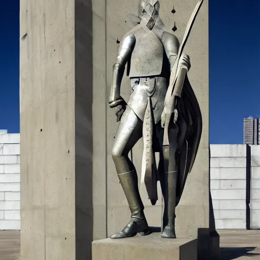 Image similar to [Sculpture of St.Georges slaying the billionaire in the style of futurist brutalism, concrete, in an art gallery]