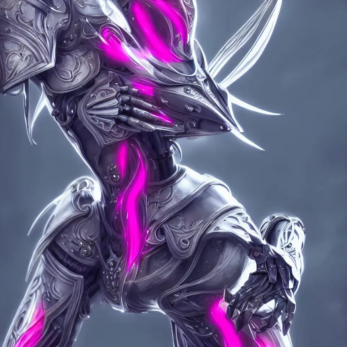 Prompt: highly detailed exquisite fanart, of a beautiful female warframe, but as an anthropomorphic robot dragon, shiny white silver armor engraved, Fuchsia skin beneath the armor, sharp claws, long tail, robot dragon hands and feet, elegant pose, close-up shot, full body and head shot, epic cinematic shot, professional digital art, high end digital art, singular, realistic, DeviantArt, artstation, Furaffinity, 8k HD render