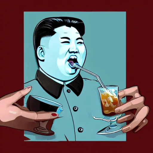 Prompt: a detailed caricature of kim jong un drinking a cocktail on a beach made of human skulls, realistic, detailed, full body, teal suit, intricate, elegant, highly detailed, artstation, sharp focus, illustration, art by Artgerm, Makoto Shinkai, Ilya Kuvshinov, Lois Van Baarle, and Rossdraws