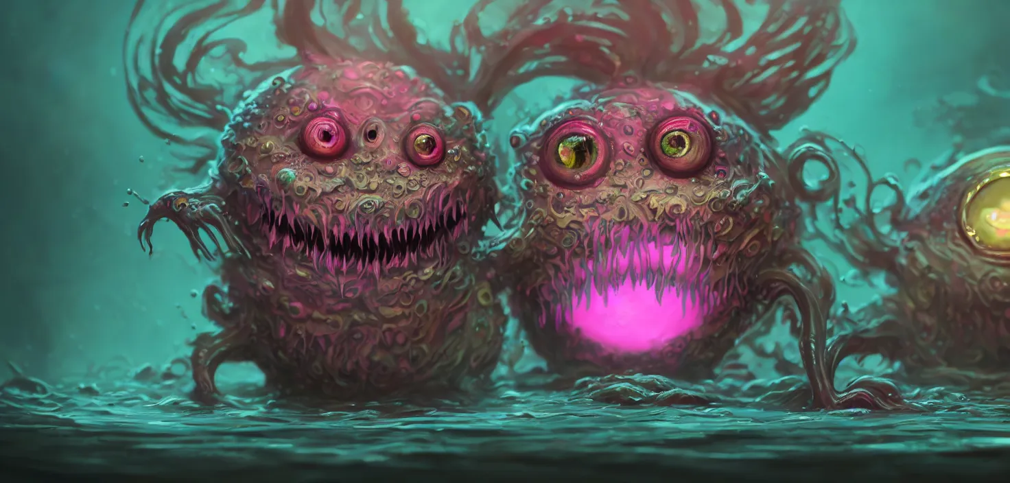 Prompt: intricate colourful murky with fluffy pink ball with huge beauty eyes long tongue triangle teeth and scary face appearing from the water, in the style of craola, shallow depth of field, highly detailed, digital painting, trending artstation, concept art, illustration, cinematic lighting, vibrant colors, photorealism, epic, octane render