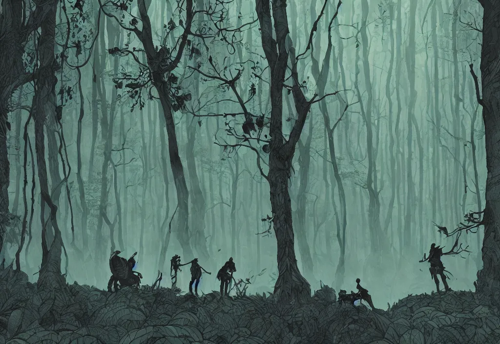 Prompt: handmade illustration of a big forest, line art, ink, some silhouetted medieval men among the trees, watercolor by Kilian Eng and by Jake Parker, winning-award masterpiece, fantastic, octane render, 8K HD Resolution, High quality image