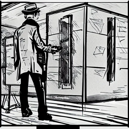 Prompt: a haggard detective in a trenchcoat scanning a crimescene, sketchy artstyle, digital art, dramatic, comic artstyle, cinematic