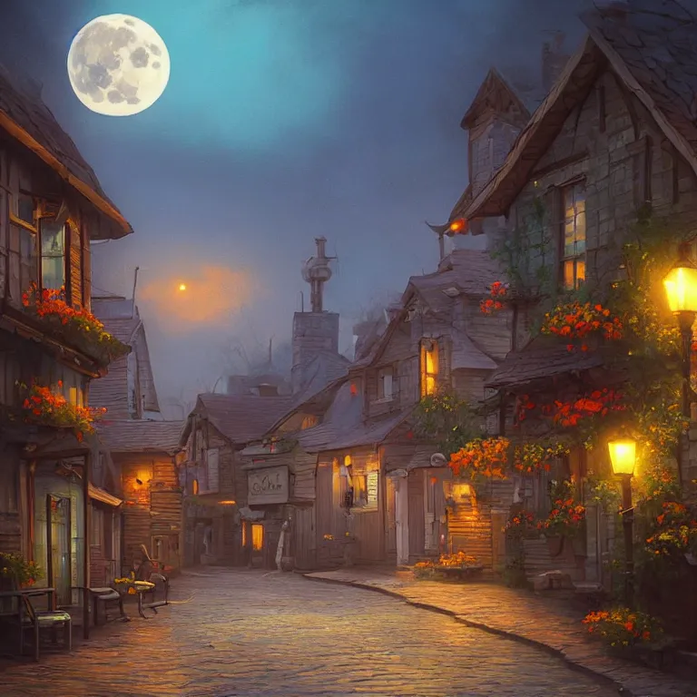 Image similar to town inspired by Evgeny Lushpin stores, cottages, streets, spring, midnight, full moon, cinematic,