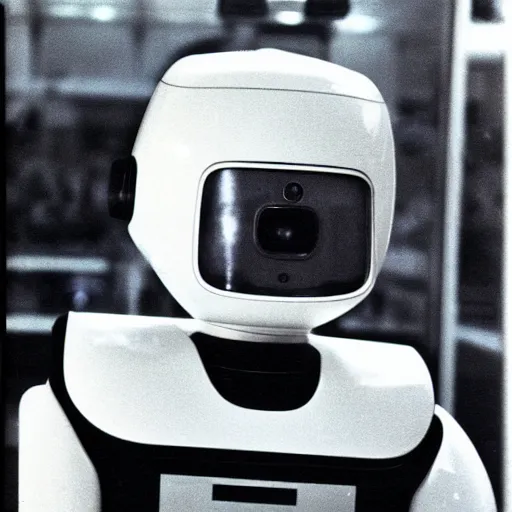 Prompt: ASIMO robot in a shopping mall, 1977, Polaroid