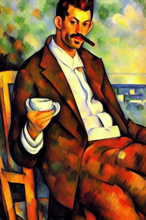 Prompt: attractive man drinking coffee, sunset, painting by paul cezanne, vladimir volegov, j. c. leyendecker, tom of finland, trending on artstation