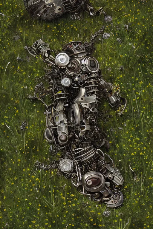 Image similar to a portrait of a broken mechanical steampunk robot laying in the meadow covered in plants by greg rutkowski, sung choi, mitchell mohrhauser, maciej kuciara, johnson ting, maxim verehin, peter konig, bloodborne, 8 k photorealistic, cinematic lighting, hd, high details, dramatic, dark atmosphere, trending on artstation