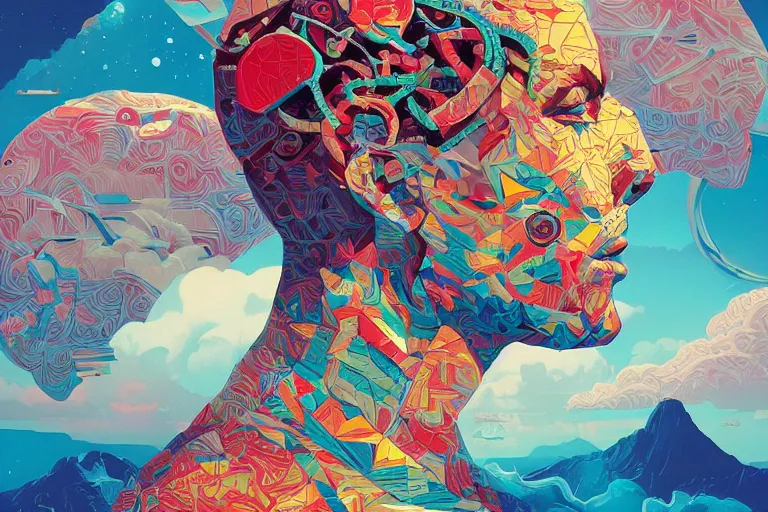 Prompt: a brain made out of pieces of the sky, Tristan Eaton, victo ngai, artgerm, RHADS, ross draws