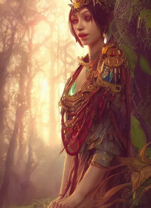 Image similar to Beautiful art portrait of a female fantasy priestess in a bright temple surrounded by lush forest, atmospheric lighting, intricate detail, cgsociety, hyperrealistic, octane render, RPG portrait, ambient light, dynamic lighting