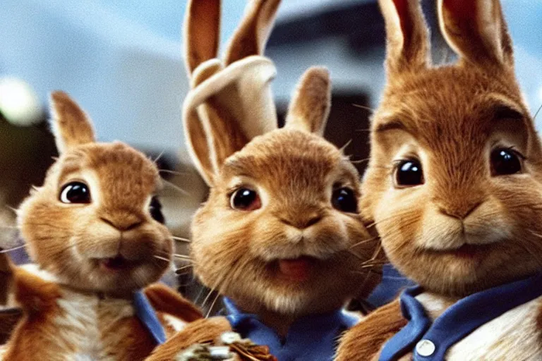 Image similar to Peter Rabbit in Starship Troopers (1997), highly detailed, high quality, HD, 4k, 8k, Canon 300mm, professional photographer, 40mp, lifelike, top-rated, award winning, realistic, sharp, no blur, edited, corrected, trending