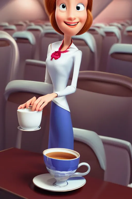Prompt: portrait of female flight attendant working holding one white teacup with seats in background, full body. pixar disney 4 k 3 d render funny animation movie oscar winning trending on artstation and behance, ratatouille style
