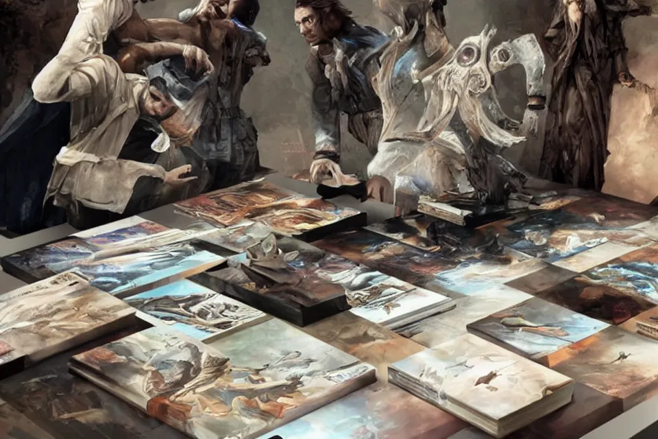 Prompt: a people trying to grab a masterpiece book on a table, sci-fi style, concept art