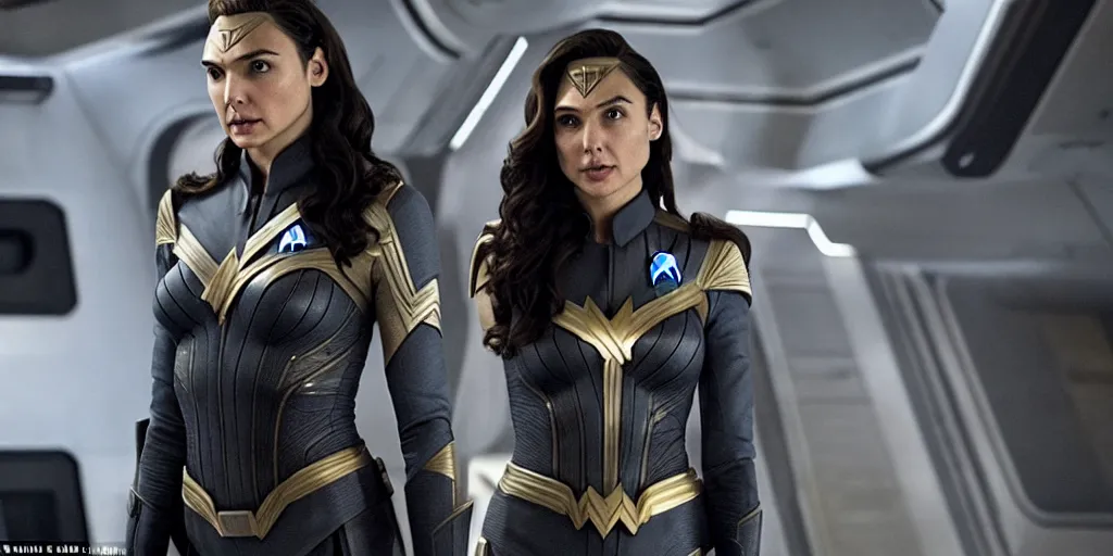 Image similar to Gal Gadot, in full starfleet uniform, is the captain of the starship Enterprise in the new Star Trek movie