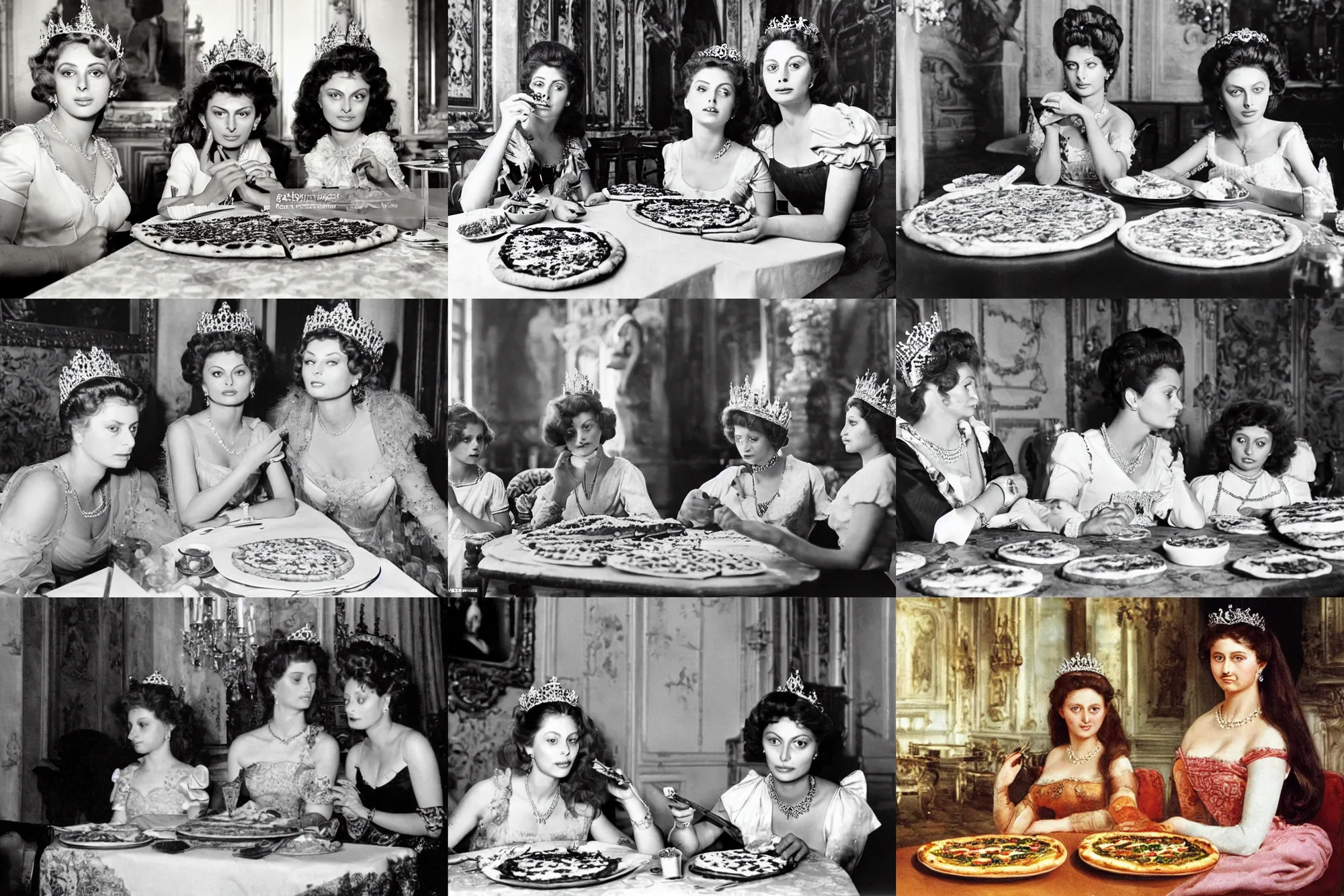 Prompt: a highly detailed photo of ( young beautiful queen margherita of savoy )!!!!, sitting at a ( long table )!!! eating a pizza margherita together with a ( young beautiful sophia loren )!!!!, right angled view, smooth lighting, masterpiece, timeless, genious composition