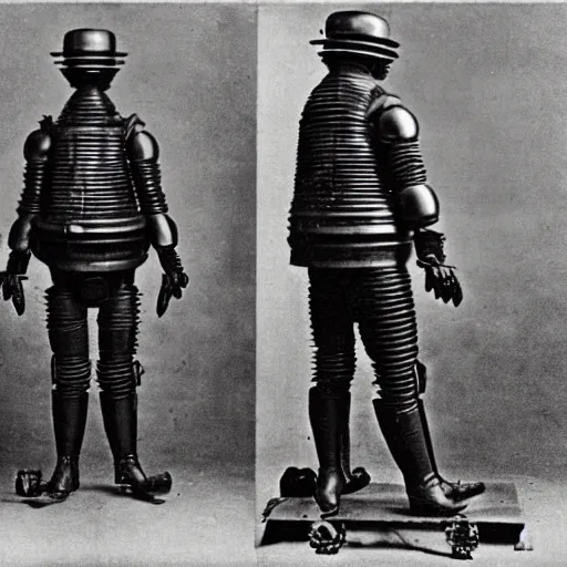 Image similar to a photograph from 1890 of mech suit made out of a cast iron potbelly stove