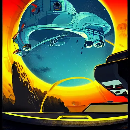 Image similar to sci - fi retrowave pulp art of a spaceship orbiting earth