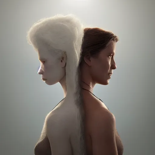 Image similar to a white and a brown woman merging together over time by greg rutkowski, hyperrealist, cinema 4 d, sicodelica, rendering unreal engine 5 digital art