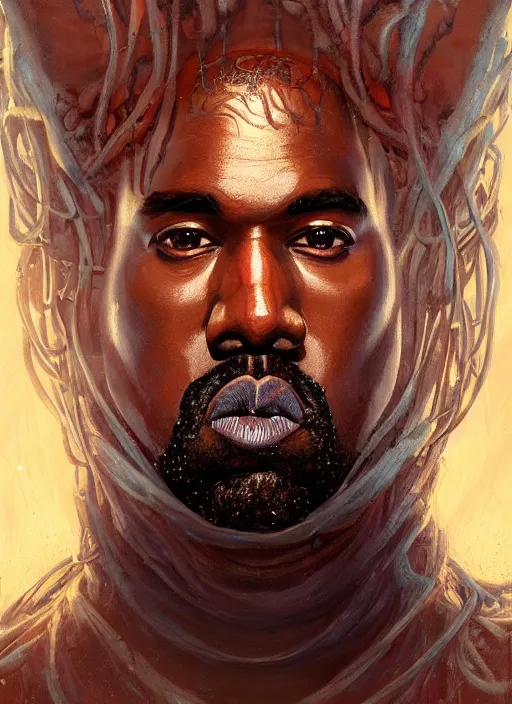 Image similar to portrait of Kanye as a large Lovecraftian monster, fantasy, intricate, elegant, highly detailed, digital painting, artstation, concept art, smooth, sharp focus, illustration, art by artgerm and greg rutkowski