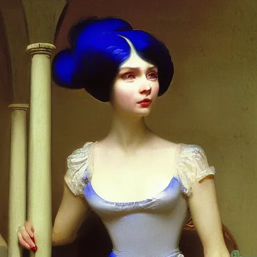 Image similar to young woman's face, her hair is white and she wears a cobalt blue duchesse satin cloak, by ivan aivazovsky and syd mead and moebius and roger dean and aelbert cuyp and willem claesz and pieter claesz and paul delaroche and alma tadema, hyperrealistic, volumetric light, octane