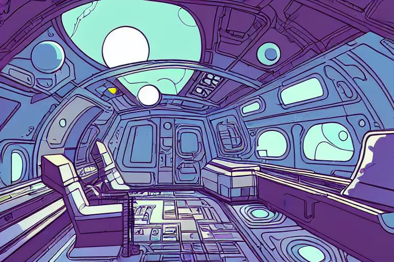 Prompt: a scifi illustration, hyper detailed spaceship interior. epic composition. flat colors, limited palette in FANTASTIC PLANET La planète sauvage animation by René Laloux