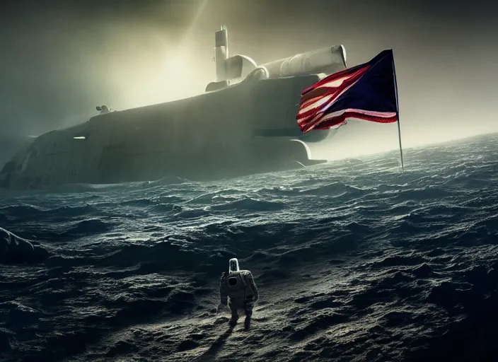 Image similar to astronaut holding a flag in an underwater desert. a submarine is visible in the distance. dark, concept art, cinematic, dramatic, atmospheric, 8 k, trending on artstation, blue, fish, low visibility, fog, ocean floor, christopher nolan, interstellar