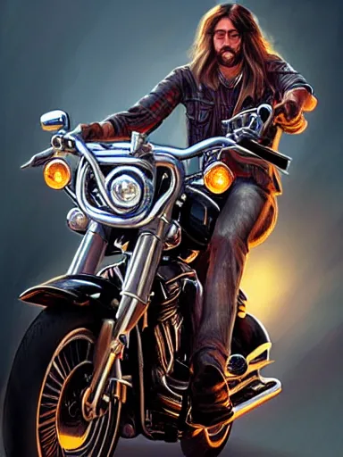 Image similar to handsome man with long hair riding a harley davidson. intricate, elegant, highly detailed, digital painting, artstation, concept art, sharp focus, illustration, by justin gerard and artgerm, 8 k