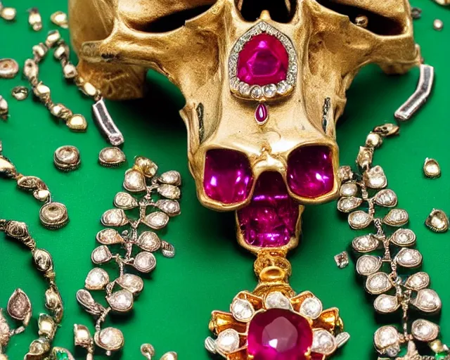 Image similar to ram's skull ornately decorated with gold and gems, green background, studio photography, rubies, emeralds, gold, jewels