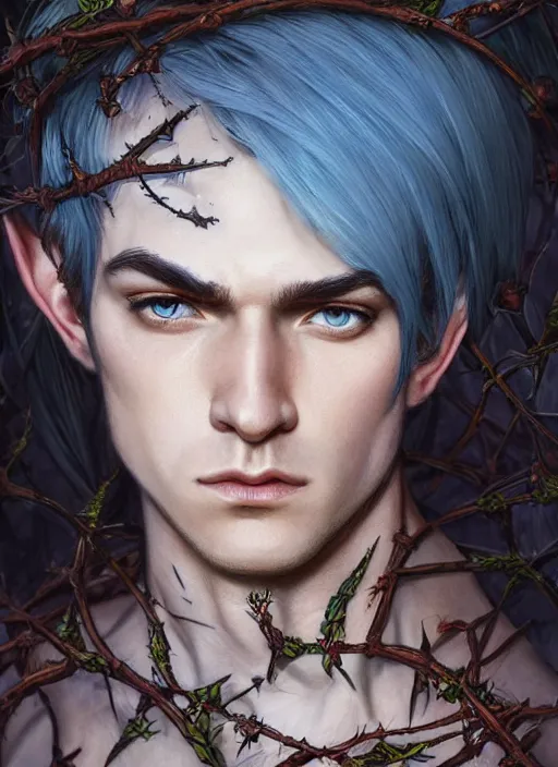 Prompt: close up portrait of a male elf with blue hair surrounded by thorns, male elf, thorns, d & d, face, fantasy, intricate, elegant, highly detailed, digital painting, artstation, concept art, smooth, sharp focus, illustration, art by artgerm and greg rutkowski and alphonse mucha